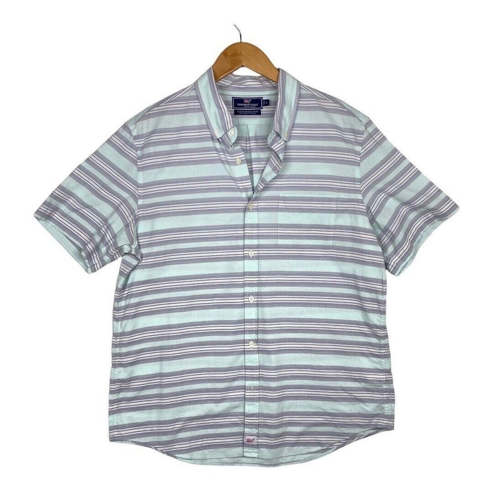 Men’s Vineyard Vines Slim Fit Murray Button Shirt Stripped Blue Pink Gray-Large